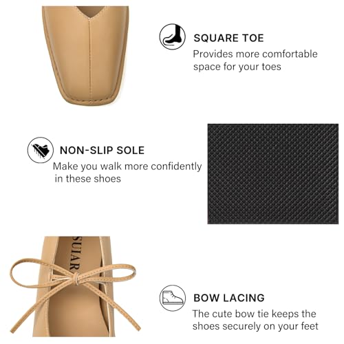 Image of Lace up Ballet Flats Women Square Toe Mary Jane Flats Bow Slip On Comfortable Ballerina Shoes