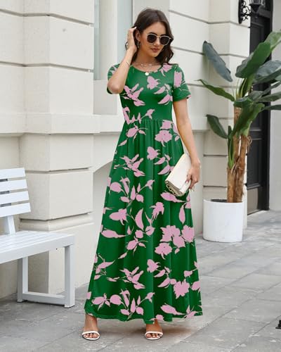Image of COSSEN Women's Crew Neck Short Sleeve Maxi Dress with Pockets Casual Loose Swing for Wedding Guest Beach Vacation
