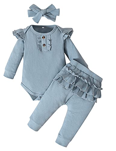 Image of Danna Belle Going Home Outfit Baby Girl Ruffle Sleeve Rompers Solid Color Pant Set 6-9Months
