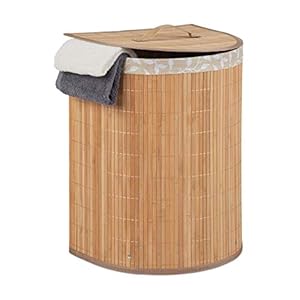 Relaxdays Cesto Portabiancheria, 30 l, per Bagno & Camera, Pieghevole, Semiovale, con Coperchio, Naturale, bambù, Poliestere, Pannelli MDF, 1 pz