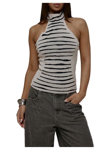 MakeMeChic Women's Zabra Print Halter Top Sleeveless Open Back Y2k Summer Going Out Tops Apricot X-Small