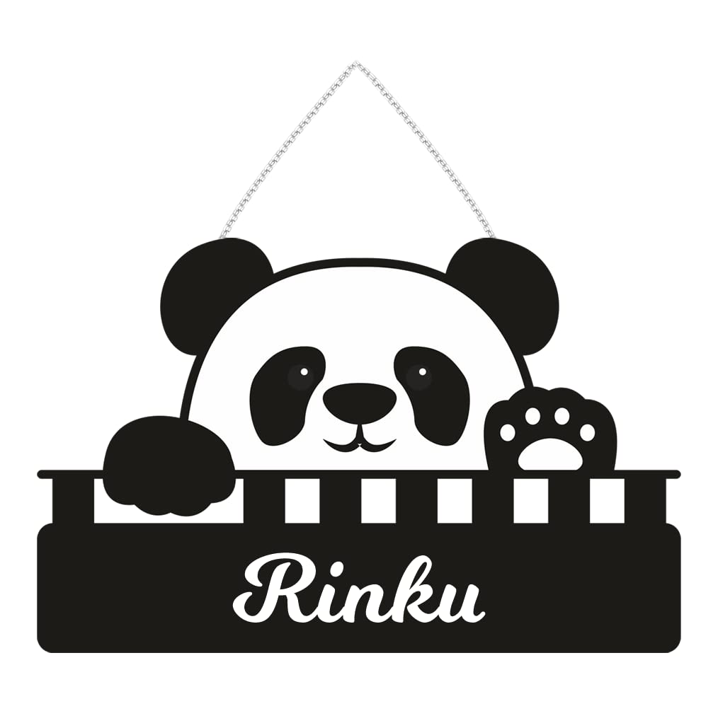 FurnishFantasy Cute Panda Personalized Name Plate with Hanging Chain | Gift for Kids on Birthday | Return Gift | Kids Room Decor | Door Sign | Size: 11.5 x 7.5 inch | Name - Rinku