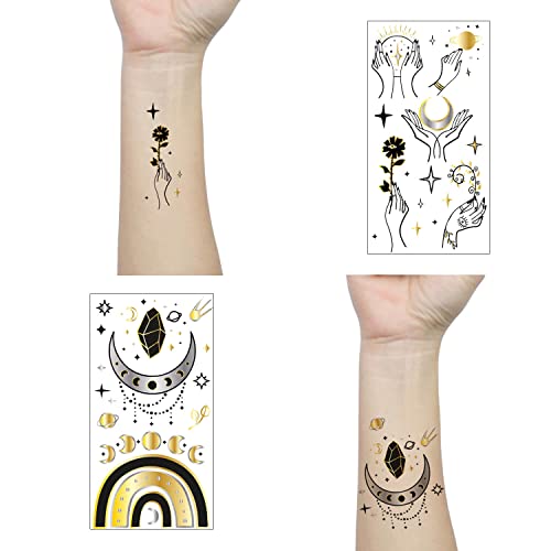 9 Sheets Black Small Temporary Tattoo, Hands Face Tattoo Sticker For Men Women, Metallic Gold Silver Flower Space Moon Snake Cat Diamond Designs On Arm Neck Shoulder Clavicle Waterproof #TOP2