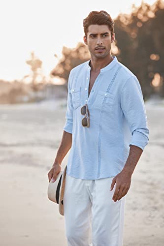 Coofandy Mens Linen Henley Casual Hippie Cotton Beach T Shirt, Blue, Large, Long Sleeve #TOP3