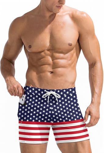 Ekouaer Mens Swim Trunks Sexy Swim Brief Square Leg Swimsuit Swimming Short Bathing Suit with Zip Pockets American Flag L