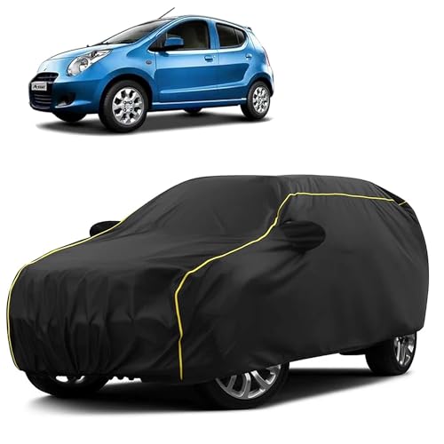 Image of Sulfar 100% Water Resistant Car Body Cover Compatible with Mirror for Maruti Suzuki A-Star (Triple Stitched, Full Bottom Elastic, Black Taffeta with Yellow Piping)