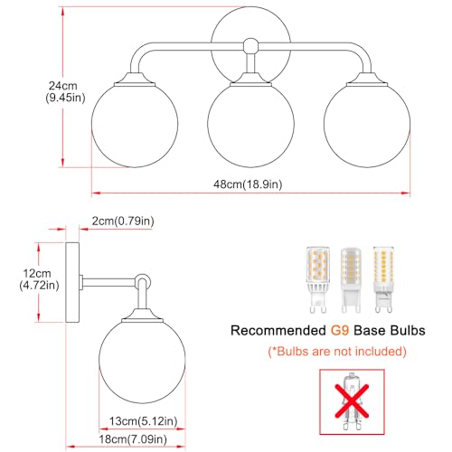 Modern Brushed Gold 3-Lights Vanity Light Fixtures with Milky White Glass Ball Shades, Mid Century Brass Wall Sconce Lighting Fixtures over Mirror, Wall Sconces for Bathroom Dressing Table Bedroom - image 7
