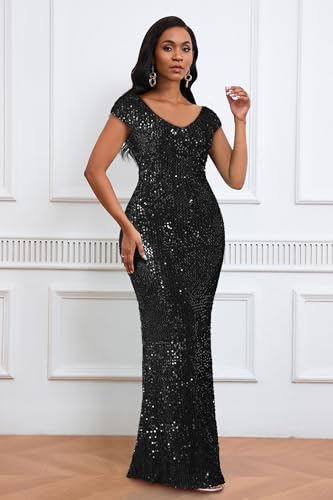 VERWIN Short Sleeve V Neck Bodycon Casual Party Cocktail Evening Mermaid Sparkly Maxi Sequins Dress3
