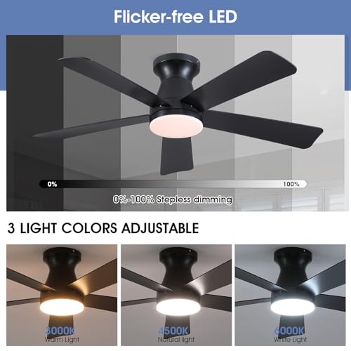Image of 46 inch Low Profile Ceiling Fans with Lights and Remote, Black Indoor Ceiling Fan Light with Quiet Reversible DC Motor,Modern Flush Mount Ceiling Fans with Dimmable LED for Bedroom Kitchen