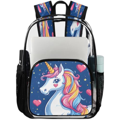Cute Unicorn Clear Backpack for Stadium Events, Cartoon Unicorn Waterproof Clear Bag for Women Men Adult Sport Work Daily Music Festival and Concerts
