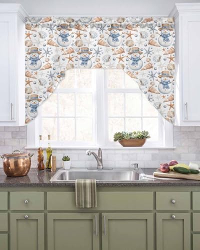 Xipuska Coastal Christmas Swag Valances for Windows, Kitchen Window Curtains Over Sink, Xmas Snowman Shell Starfish Window Treatment Shades Drapes Rod Pocket Curtains for Bedroom/Bathroom 56"x36" - Image 2
