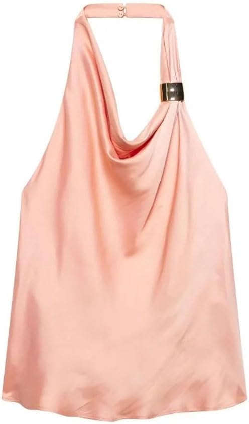 Women's Satin Halter Neck 2 Piece Set Backless Vest Top and High Waist Asymmetric Slit Skirt Suit for Spring Summer