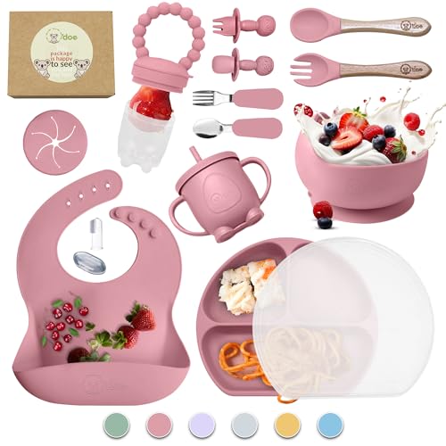 Image of O'doe 17-Piece BPA-Free Silicone Baby Feeding Set | Thick & Soft Suction Plates, Baby Bowls, Wooden Fork & Spoon, and More | Make Mealtime Fun and Easy for Your Little One (Rose, V2)