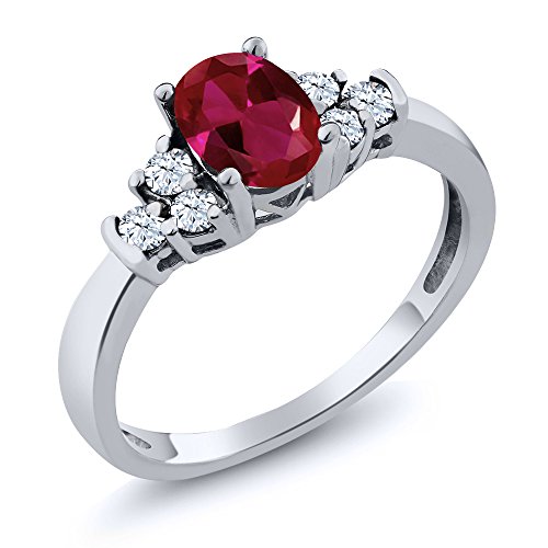 Gem Stone King 925 Sterling Silver Red Created Ruby and White Topaz Women's Ring 0.92 Ctw Oval (Size 9)