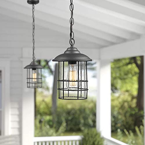 Emliviar 1-Light Outdoor Pendant Light, Exterior Hanging Lantern In Black Finish With Seeded Glass, 1803Cw2-H #TOP4