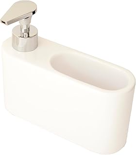 Kook Time Dispensador jabón Cocina Blanco - jabonera Cocina con Guarda estropajos Fregadero - Apto para Cocina o como dosificador baño con Esponja - Cerámica Color Blanco - 18 x 6 x 15.8 cm.