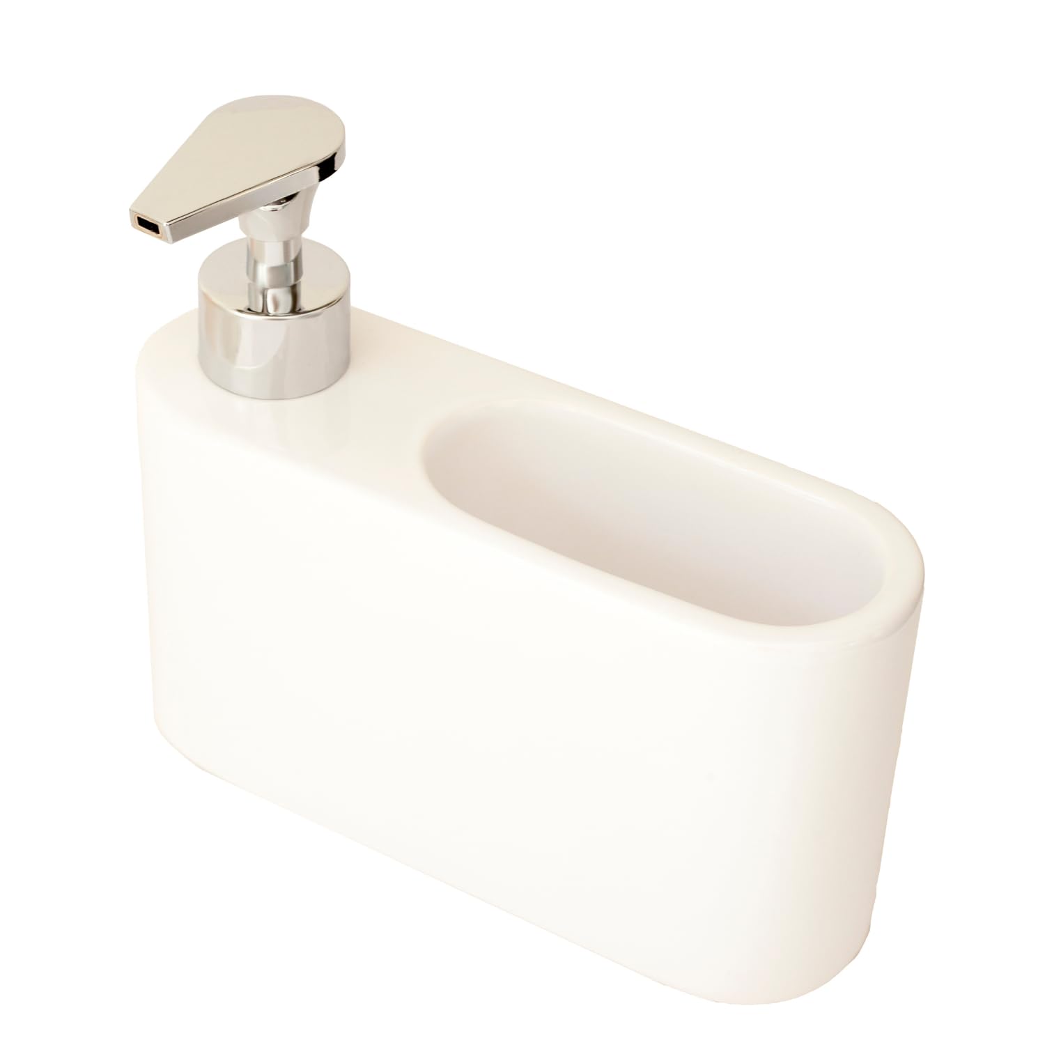 Dispensador jabón Cocina Slim | Dosificador jabón Cocina con Soporte para estropajos | Organizador Fregadero de Cerámica | 18 x 6 x 15.8 cm. | Blanco
