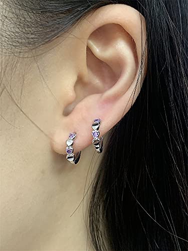 Double Love Heart Cubic Zirconia Small Hoop Earrings for Women Teen Girls 925 Sterling Silver Tiny Cute Huggie Hoops Cartilage Birthstone Jewelry Gifts for Her Amethyst3