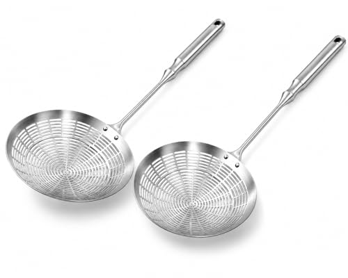 Image of 304 Stainless Steel Cooking Skimmer Jhara with Long Handle, Heavy Duty Spider Strainer Slotted Spoon for Deep Frying, Oil Draining, Pasta, Noodles, Poached Egg, Pakora, Puri & Fries Cooking (Set of 2)