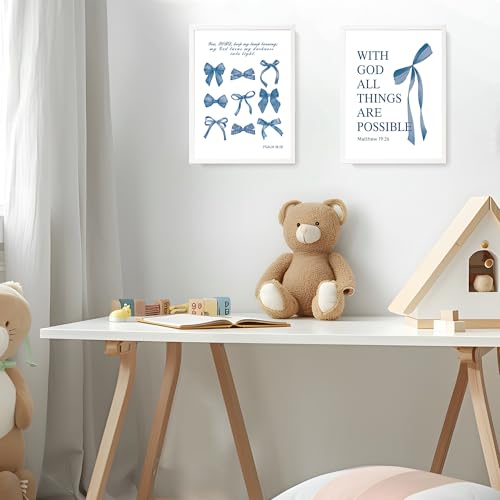 Image of LARTSFRO Coquette Navy Blue Bow Wall Art Decor Posters, Navy Blue Bow Room Bedroom Bathroom Dorm Wall Art Decor Aesthetic for Teen Girls Gifts, Inspirational Bible Verses Bow Wall Decor, 12x16 Inch Set of 4 Pcs Bow Pictures (UNFRAMED)