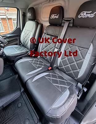 For VANS with DROP DOWN TRAY Ford Transit Custom 2014-22 Van Seat Cover - DRIVERS SINGLE AND DOUBLE black leatherette with grey inserts and bentley stitch fabric with A) Arm Rest Cover B) Drop down Tray Acess C) Two piece passenger Base 21ford IMAGES COPRIGHT OF UK COVER FACTORY
