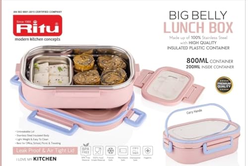 Image of RITU Big Belly Airtight Lunch Box with steel Insulated Plastic Large Container with 200ml Veggie Box|Leak -Proof|BPA-Free|Food Grade|Keeps Food Hot and Fresh for Hours|Ideal for School,Travel & office