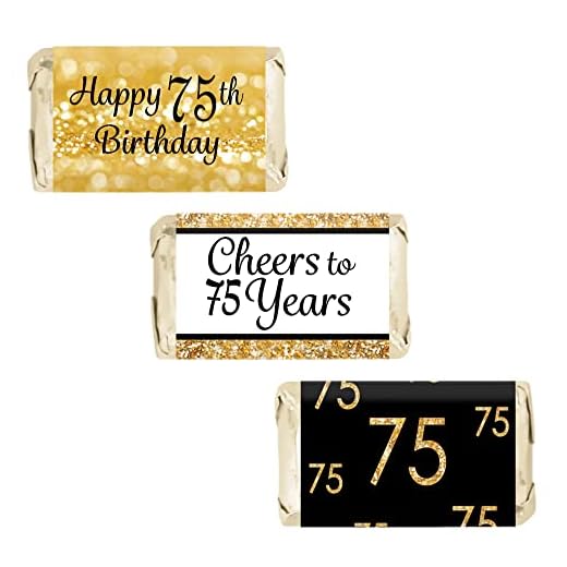 Black and Gold 75th Birthday Party Mini Candy Bar Wrappers