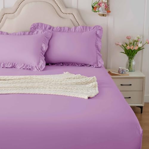 Image of Homiest 3-Pieces Ruffle Pillow Case & Fitted Sheet Set, Lavender Full Sheets with 2 Ruffled Pillow Shams, 15 Inch Deep Pocket, Cute & Coquette Microfiber Bed Set for Decorating Bedroom Hotel