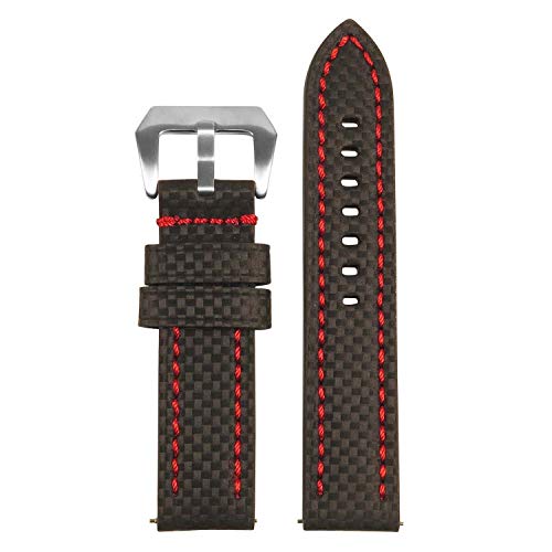 StrapsCo Heavy Duty Carbon Fiber Leather Quick Release Watch Band Strap - Black & Red - 22mm