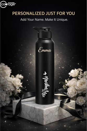 Image of COURAGE Stainless Steel Customize Sipper Water Bottle 1Liter Leak Proof for Fridge Home Office Travel School Kids Boys Girls Adults Sports Gym Yoga - Black
