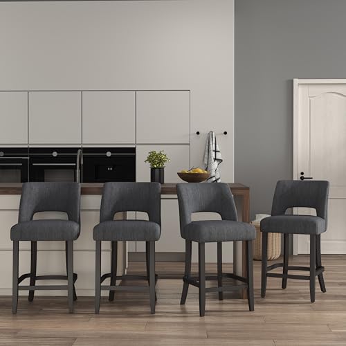 Image of VKNOW Bar Stools Set of 4, 26 inch Upholstered Counter Height Bar Stools | Modern Counter Stools with Black Rubberwood Legs for Kitchen Island Dining Room Bar, Dark Grey-Black Legs