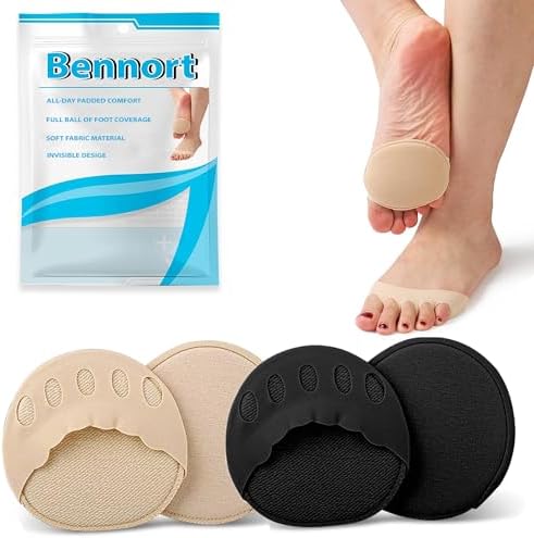 Bennort Forefoot Pads for Women High Heels, 2 Pairs Non-Slip Toe Socks Reusable Ball of Foot Cushions Honeycomb Fabric Metatarsal Pads Invisible Forefoot Socks, Black and Beige