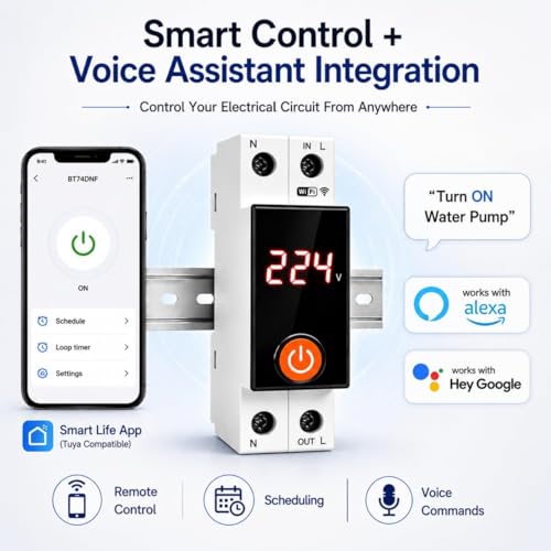 Image of Blackt Electrotech BT74NF 63A Wi-Fi Smart Circuit Breaker | 90-250V Remote Control, Timer & Schedule Function | Compatible with SmartLife, Alexa & Google Home | On /Off Switch (With Display)