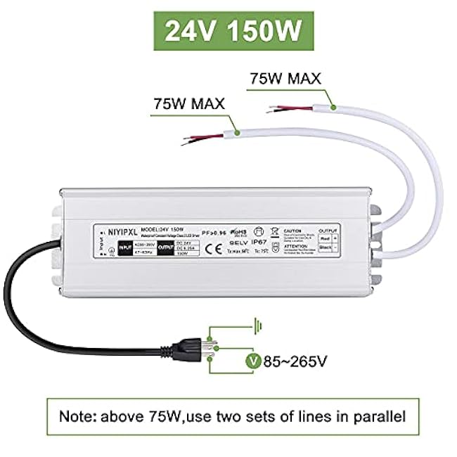 LED Driver 150 Watts 24V DC Low Voltage Transformer£¬ Waterproof IP67 LED Power Supply, Adapter with 3-Prong Plug 3.3 Feet Cable for Any 24V DC led Lights, Computer Project, Outdoor Light