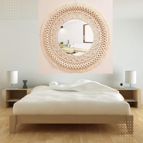 Image of Handmade Cotton Macrame Wall Hanging Glass Mirror with Boho Fringes, Bohemian Art Decorative Aina for Make-Up, Living Room, Bedroom