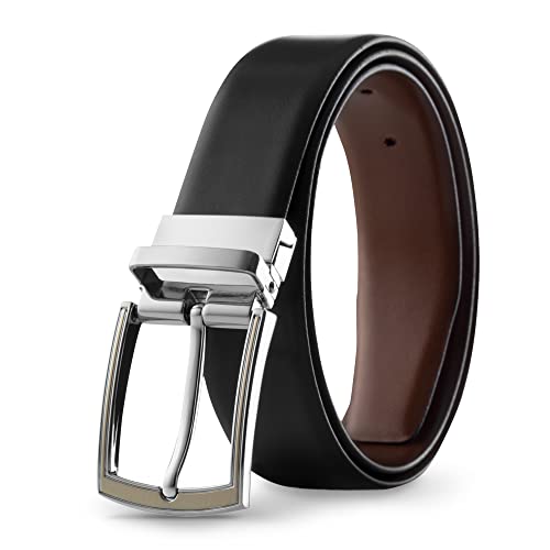 Prospero Comfort Men's Reversible Classic Dress Belt Italian Top Grain Leather Black & Brown Rotating Buckle
