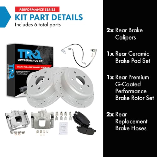 Image of TRQ Performance Rear Brake Pad and Rotor Set Ceramic Drilled Slotted Rotors Calipers Hoses Compatible with 2008-2012 Jeep Wrangler