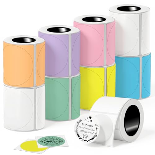 QUASON 2 Circle Thermal Sticker Labels 7 Colorful Self-Adhesive Round Direct Thermal Labels for BusinessCompatible with Phomemo Zebra Rollo MUNBYNBPA Free900Labels/9Rolls