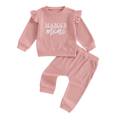 Image of Aiwpstoin Newborn Baby Girl Fall Winter Waffle Outfit Clothes Ruffle Long Sleeve Mama Mini Sweatshirt Pants Sweatsuits