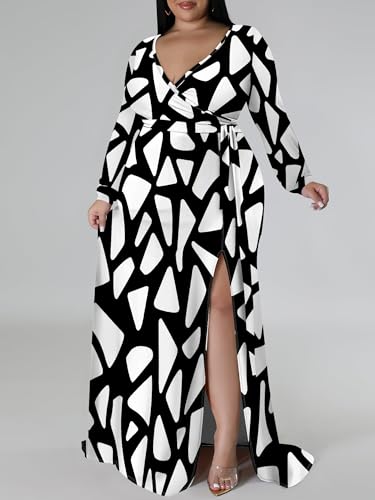 Image of PinkPatty Women's Plus Size Long Sleeve Maxi Dress Casual V Neck Slit Tie Waist Wrap Dresses for Party Cocktail