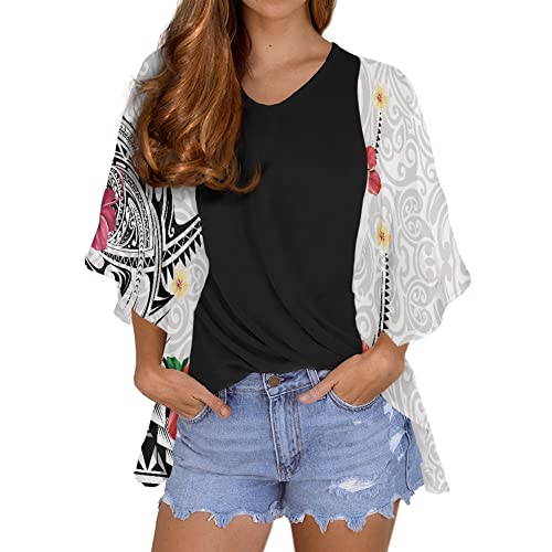 joo meryer Women Kimono Cardigan Starry Night Print Half Sleeve Chiffon Cover Ups,Polynesian Hibiscus Flower,L