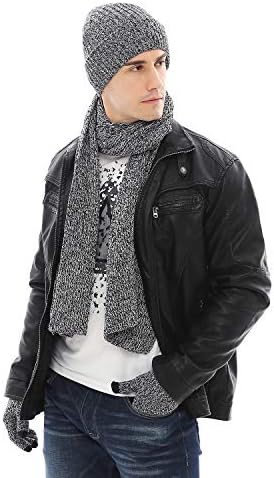 Wisolt 3 Set Winter Warm Knitted Beanie Hat Scarf Touch Screen Gloves Set for Men