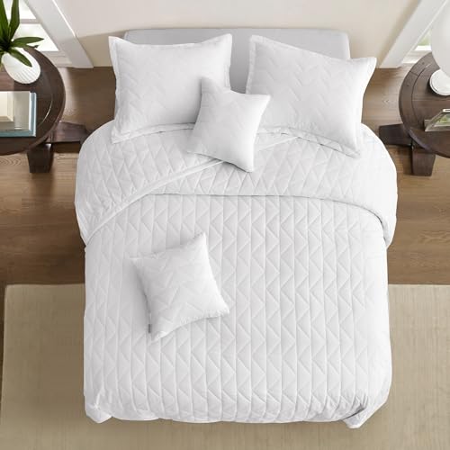 Image of Oversized King Bedspread, Geometric Diamond Stitched Quilt Set King /Cal King, Lightweight Reversible Coverlet, Straight Edge - Clean Modern Look, 5 Piece, Pure White