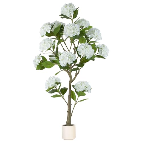 BLOSMON 5ft White Hydrangea Artificial Trees for Front Porch Planters