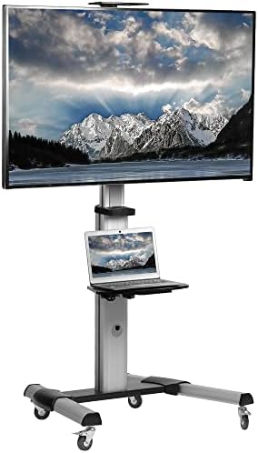 VIVO Aluminum Mobile TV Cart for 32 to 83 inch Screens up to 110 lbs, LCD LED OLED 4K Smart Flat, Curved Panels, Heavy Duty Stand with DVD Shelf, Locking Wheels, Max VESA 600x400, Silver, STAND-TV09