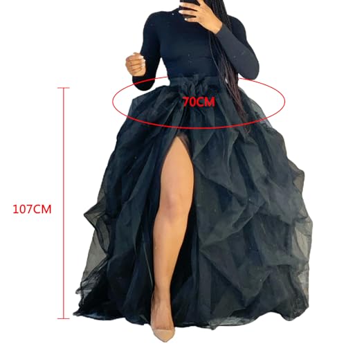 Women Tulle Maxi Skirt Floor Length Layered Elastic High Waist Split Long Skirts A-Line Puffy Lace Mesh Tutu Skirt4