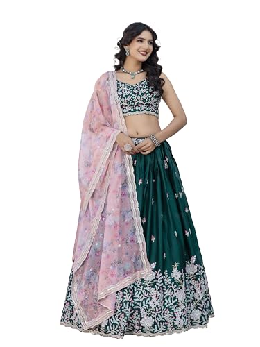TRENDMALLS Chiffon Embroidery work Lehenga Choli with Floral Print Dupatta for Women Ready To Wear (L264-DarkGreen-S)