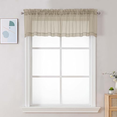 Image of Chyhomenyc Taupe Sheer Valances for Windows - Light Filtering Small Kitchen Curtains, Rod Pocket Short Top Window Treatment Decor for Living Room Bathroom Basement, 42Wx16L inches, 2 Panels