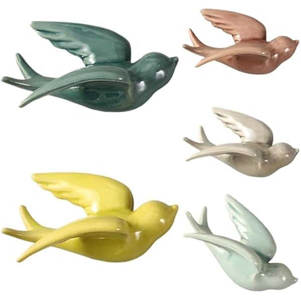 wkao Dekoracja ścienna z ceramicznymi ptakami, wiszące jaskółki w stylu skandynawskim, europejskie ozdoby retro 3D do domu salonu i jadalni, wielokolorowe, 6,5 x 4,7 x 3,1 cala / 16,5 x 12 x 8 cm