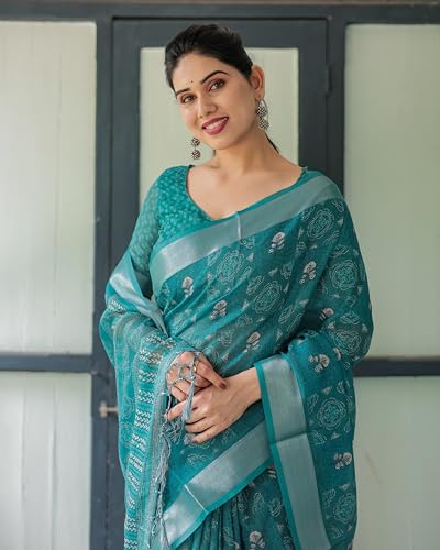 Image of Kaugalian store Linen Cotton Floral Printed Saree for Women with Unstitched Blouse Piece | 5.5 M Saree & 0.8 M Blouse